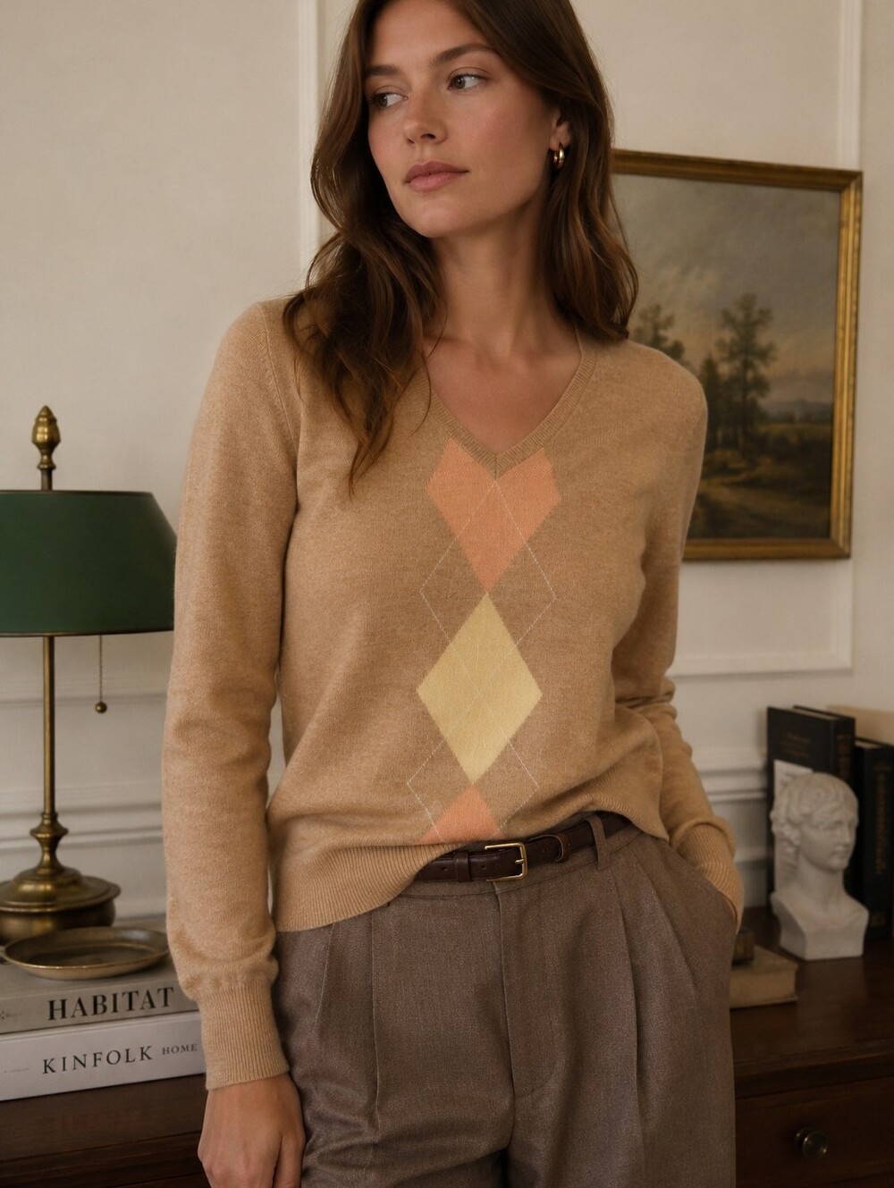 Brooks Brothers Beige V-Neck Argyle Sweater with Peach and Pale Yellow Accents
